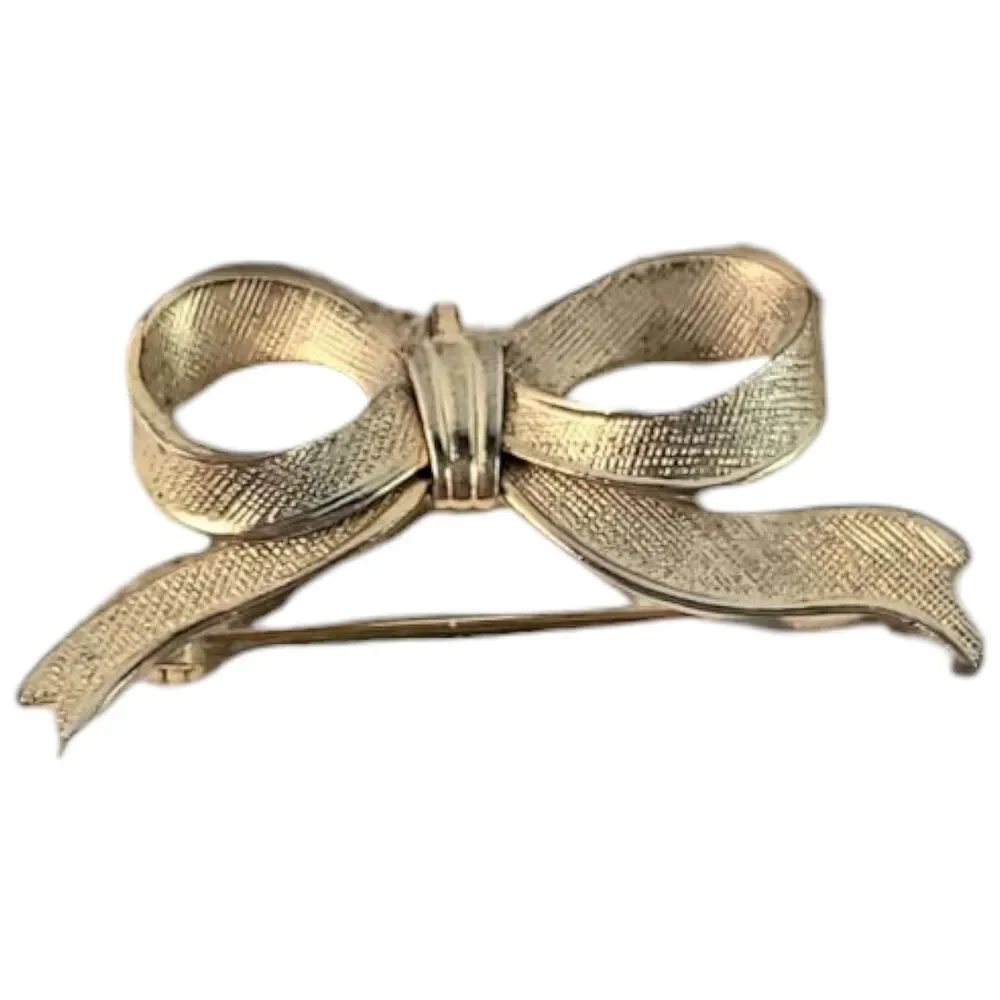 Vintage Brushed Gold Tone Cute Bow Brooch Pendant